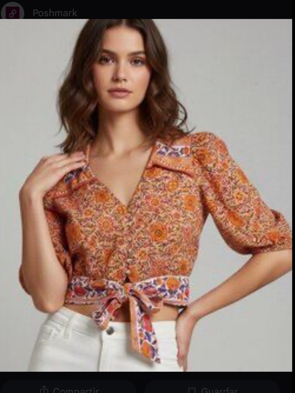 Rachel Zoe Cropped Boho V-front Tie-Front Floral Linen Top Orange & Purp Sz S